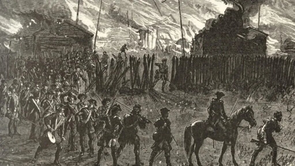 Gravure sur bois de la bataille de Newtown, menée pendant la campagne Clinton-Sullivan visant à éradiquer 40 villes iroquoises.